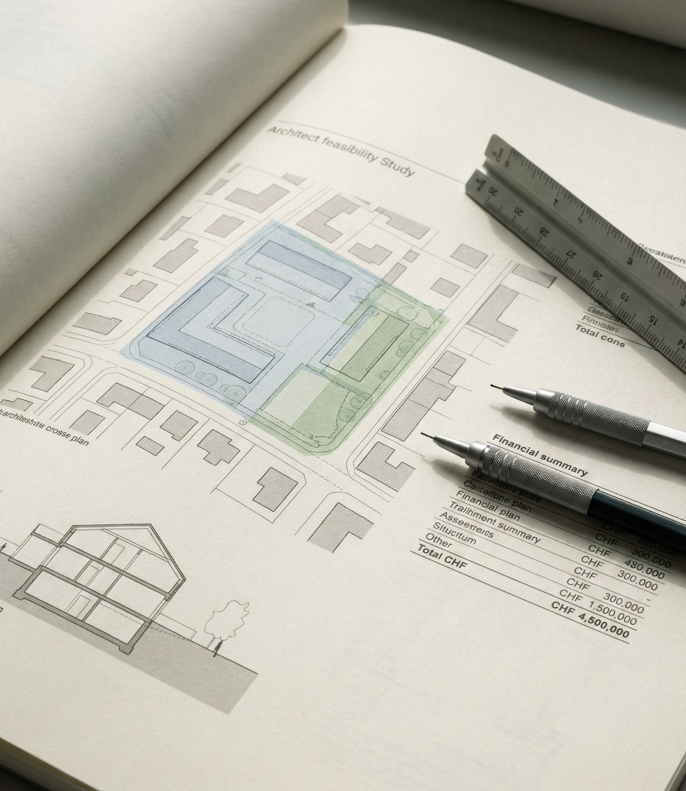 Documents d'étude de faisabilité architecturale avec plans et analyses financières