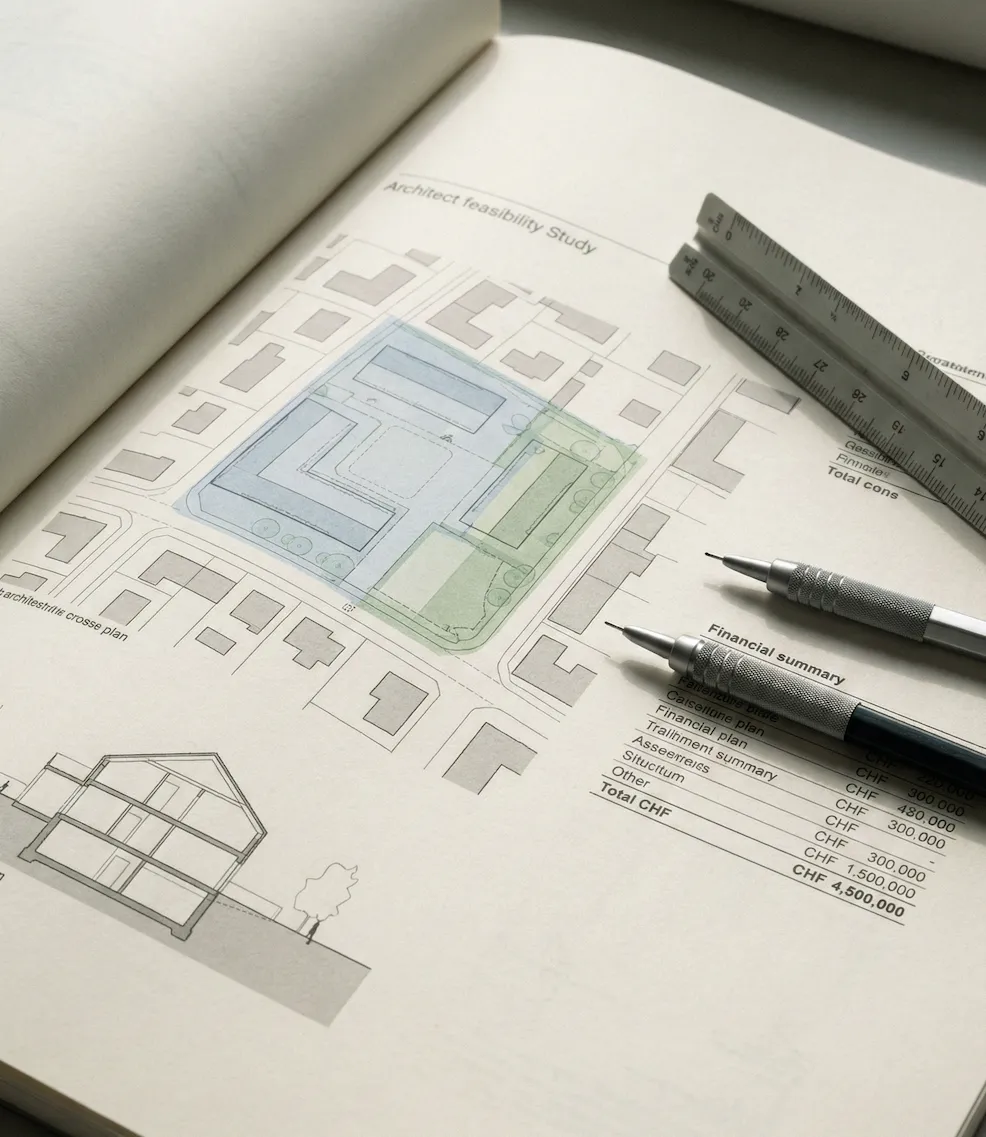 Documents d'étude de faisabilité architecturale avec plans et analyses financières