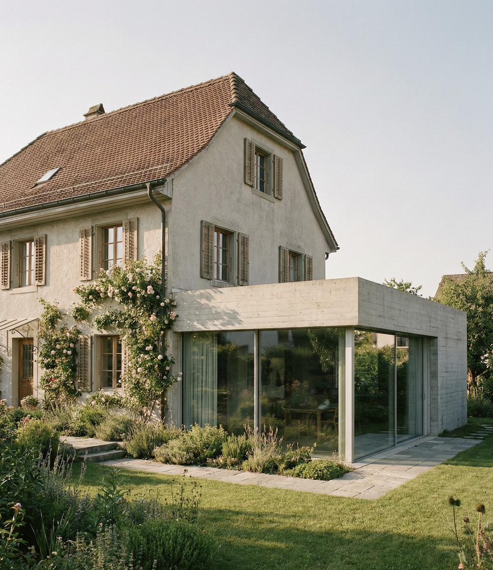 Extension contemporaine en verre et béton sur villa suisse traditionnelle