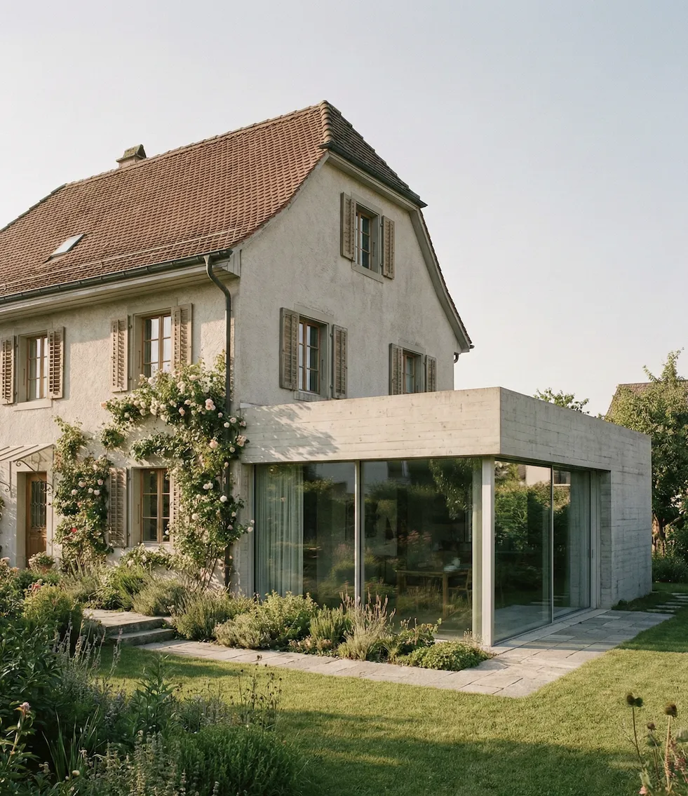 Extension contemporaine en verre et béton sur villa suisse traditionnelle